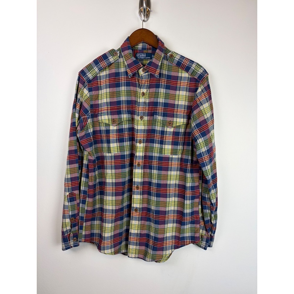Vintage Polo Ralph Lauren Button Up Shirt Large Madras Plaid Pockets Military